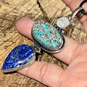 Crystal Pairing of Large Turquoise, Lapis Lazuli & Moonstone Pendant 3 1/4”